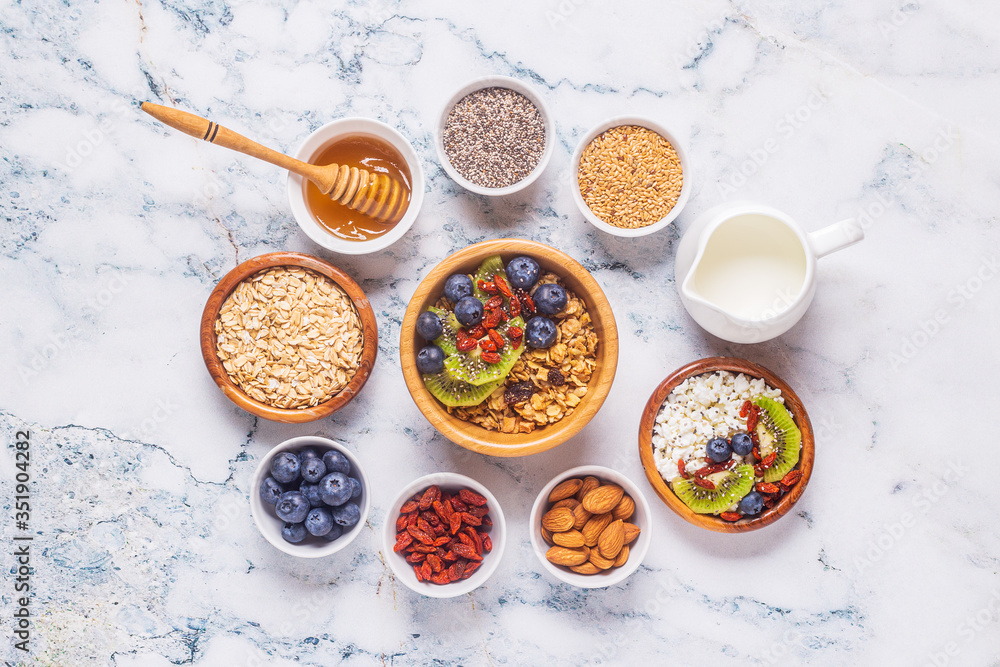 Healthy breakfast ingredients, top view. Healthy breakfast ingredients, top view.