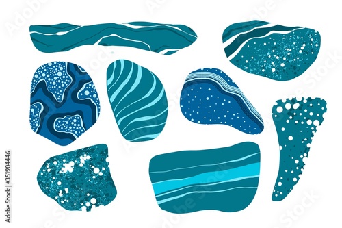 Set of blue and white stones. Natural shapes and marbled textures.