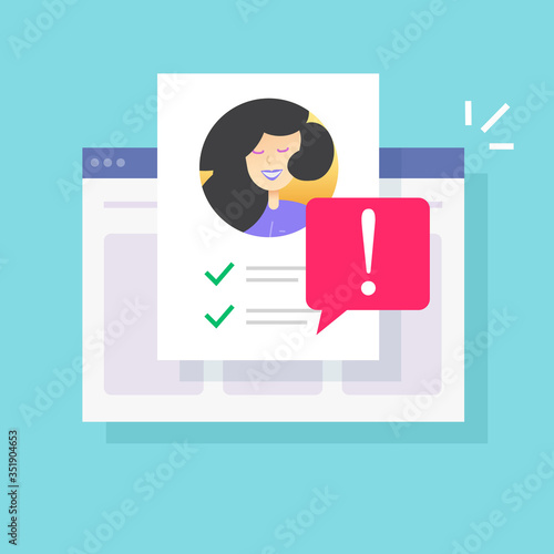 Web warning caution notification on personal profile fake account or fraud website user risk alert vector flat cartoon, illustration of internet person id with safety danger message modern image