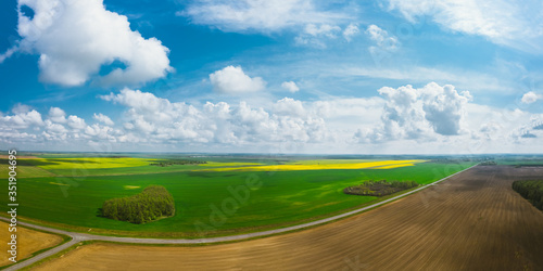 Picturesque panorama of agricultural fields with rape and wheat. Huge open spaces under a beautiful cloudy sky. Aerial view