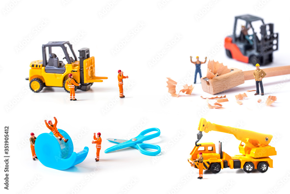 Naklejka premium selective focus of miniature workers man with stationery isolated on white background, 