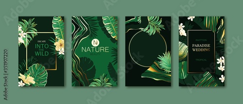 Set of elegant brochure, card, background, cover. Turquoise and golden marble texture. Geometric frame. Palm, exotic leaves.