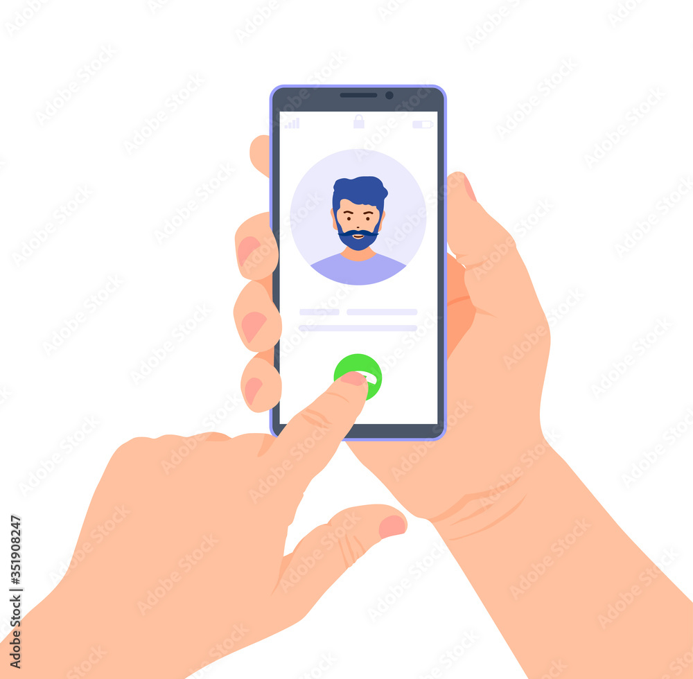 A ringing phone with an avatar on the screen in hands. The finger presses the call button on the smartphone. Vector illustration in flat style on the topic of communication.