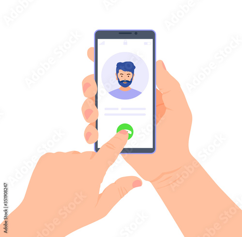 A ringing phone with an avatar on the screen in hands. The finger presses the call button on the smartphone. Vector illustration in flat style on the topic of communication.