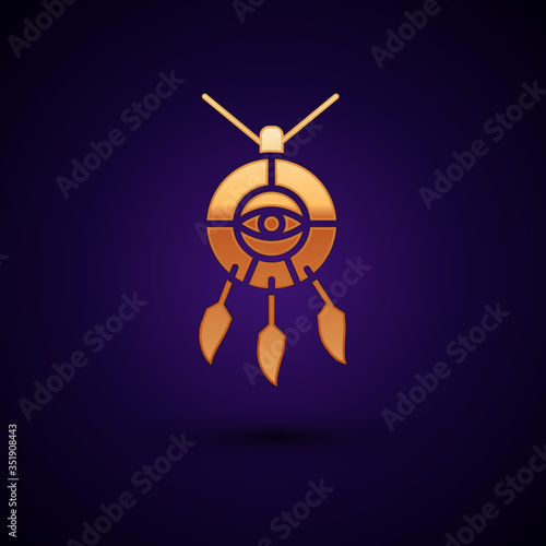 Gold Dream catcher with feathers icon isolated on black background. Vector
