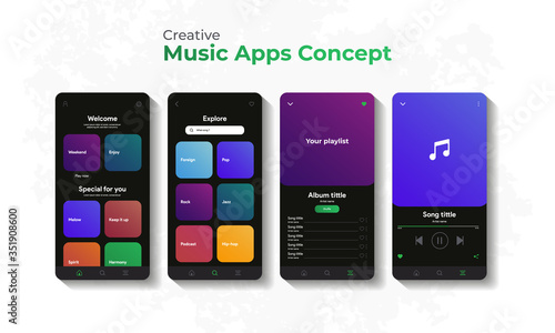 Music player interface by subscription. Profile, Album, Song, Playlist, Explore concept. Black apple or android music screen. Vector illustration eps 10.