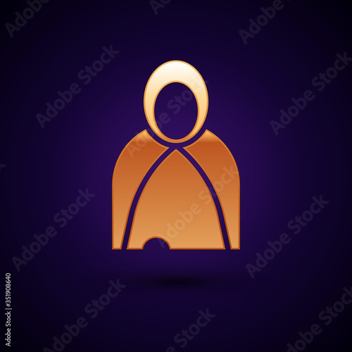 Gold Mantle, cloak, cape icon isolated on black background. Magic cloak of mage, wizard and witch for halloween design. Vector