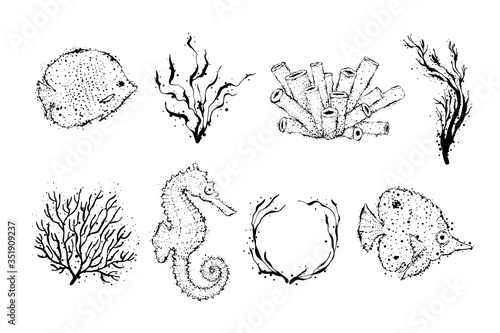 Set of black coral, seaweed, anchor, seahorse, and fishes. Hand drawn underwater creatures with dots. Stylization design elements for cards, logos, prints.