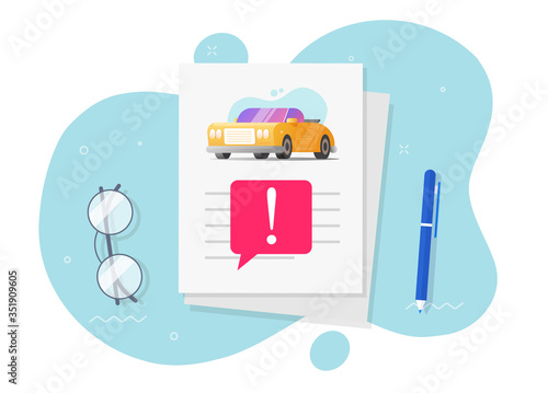 Automobile instruction info document page with important caution notice message or car fake risk history description report with warning vehicle access vector flat cartoon illustration modern design