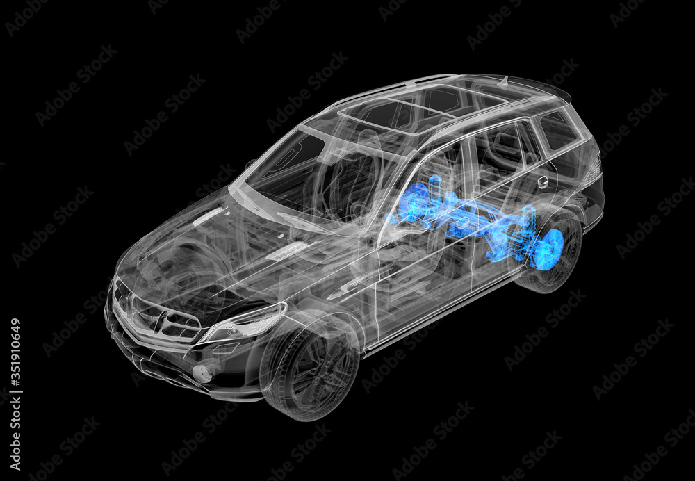Naklejka premium Technical 3d illustration of SUV car with x-ray effect. Rear brakes and suspension systems.