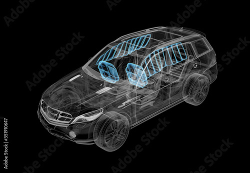 Technical 3d illustration of SUV car with xray effect and airbags system.