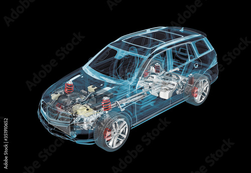 Technical 3d illustration of SUV car with x-ray effect and powertrain system.