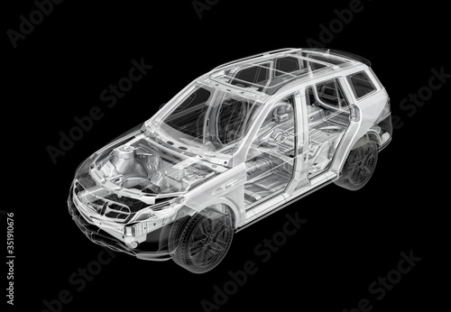 Technical 3d illustration of SUV car with x-ray effect and chassis system.
