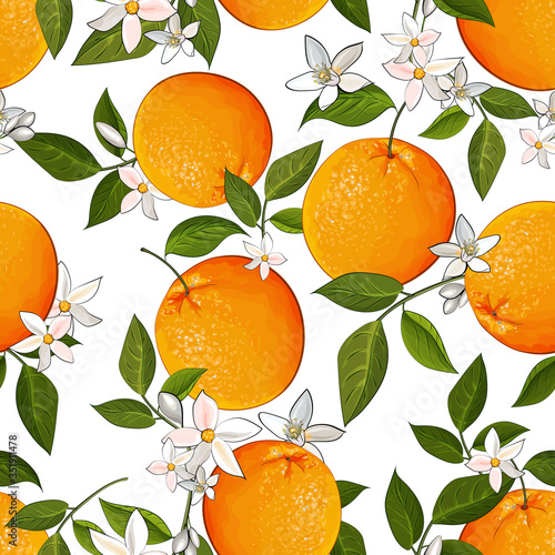 Seamless pattern with oranges citrus fruit, flowers, green leaves on white background. Bright tropical citrus fruits for wrapping paper, kitchen design. Vector stock illustration.