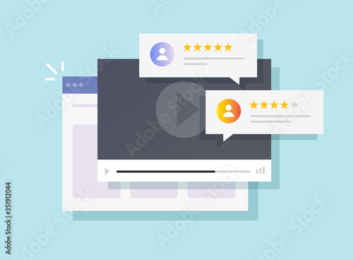 Website video content review testimonial or online feedback rate evaluation vector flat cartoon illustration, concept of internet or web movie player with rating messages, ranking modern design image
