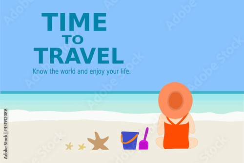 A kid wear swimming suit is sitting on the beach. The yellow sand and the clear sea with blue sky. Summer trip with family. Enjoy vacation. Chill out Holiday. child activity. Journey, tourism concept.