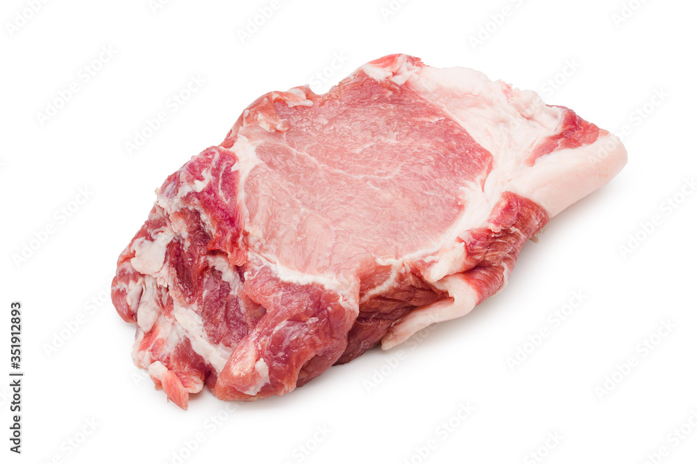Raw pork meat slices for cooking on white background. Commercial image isolated with clipping path.