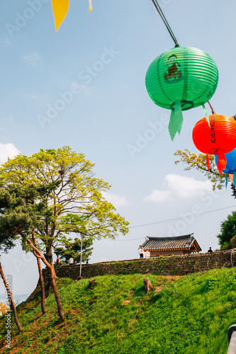 Doksanseong Fortress Bojeoksa temple with Buddha's Birthday colorful lanterns in Osan, Korea photo