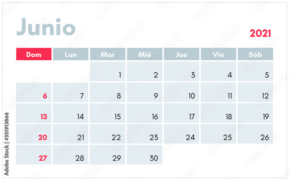 Junio 2021. Calendario en espanol (June 2021 calendar in spanish ...