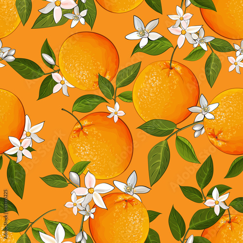 Vector seamless pattern with oranges, citrus fruit, white flowers and green leaves on orange background. Bright tropical citrus fruits for wrapping paper, kitchen design. Stock illustration.