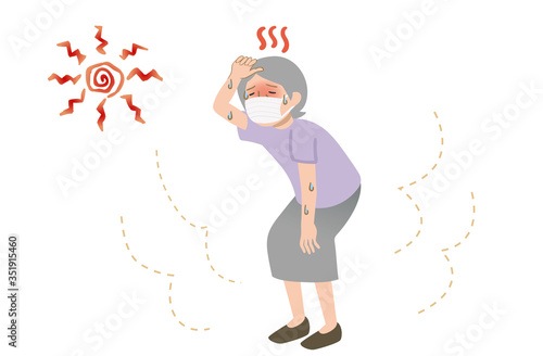 マスクをして熱中症でしんどそうなおばあちゃんのイラスト