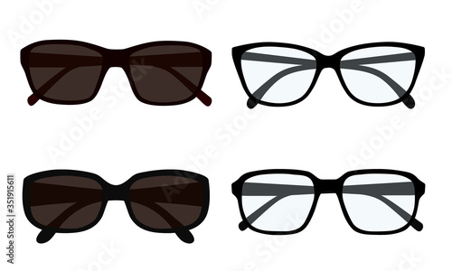 Flat design illustration of set of eyeglasses and sunglasses isolated on white background, vector