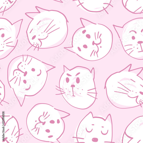 Cute seamless hand drawn vector pattern with cats in various mood muzzles on pink background. Funny illustration for wallpaper, wrapping paper, coverage, textile, fabric, print and other design.