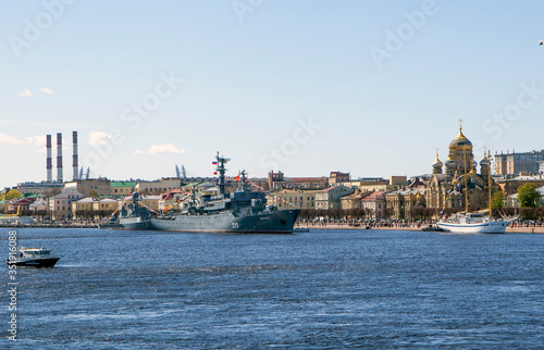 Warships on Victory Day - May 9, 2020. Training ship "Perekop", MPK-205 "Kazanets" - a small anti-submarine ship and diesel submarine S-189. St. Petersburg. Russia
