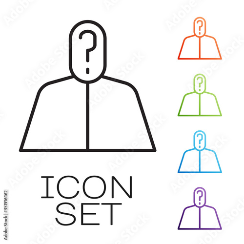 Black line Anonymous man with question mark icon isolated on white background. Unknown user, incognito profile, business secrecy, obscurity. Set icons colorful. Vector