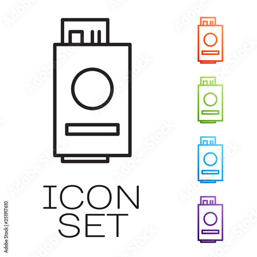 Black line Passport with ticket icon isolated on white background. Identification Document. Concept travel and tourism. Set icons colorful. Vector