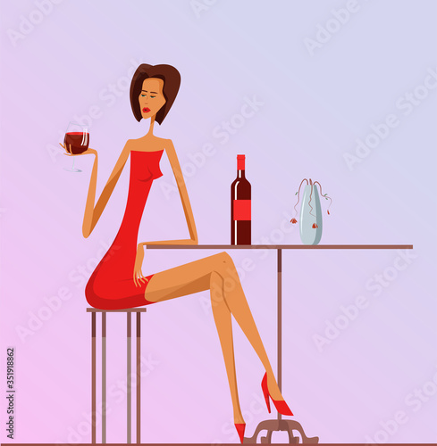 Lonely Woman in red dress sits on a chair at a table with glass of wine. She reaches for glass of wine with her lips to take a sip. Tired woman drinks wine in despair and depressive mood. depression.