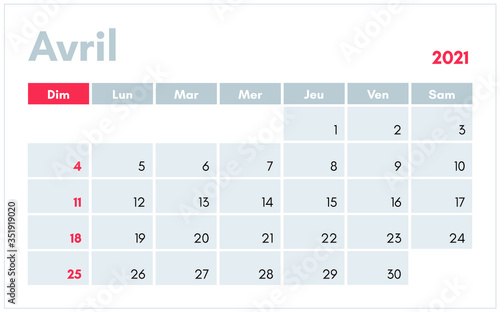Calendrier de Avril 2021 (April 2021 calendar in french) vector illustration for prints, templates and banners.