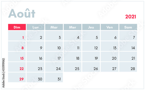 Calendrier de Aout 2021 (August 2021 calendar in french) vector illustration for prints, templates and banners.