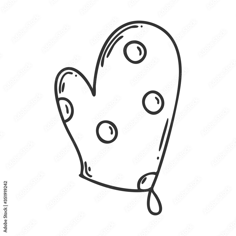 Potholder-mitten. Polka dot pattern. Kitchen inventory. Element for menu design, recipes, food packaging, and cooking magazines. Hand-drawn and isolated on a white background.Black-white vector. Potholder-mitten. Polka dot pattern. Kitchen inventory. Element for menu design, recipes, food packaging, and cooking magazines. Hand-drawn and isolated on a white background.Black-white vector.