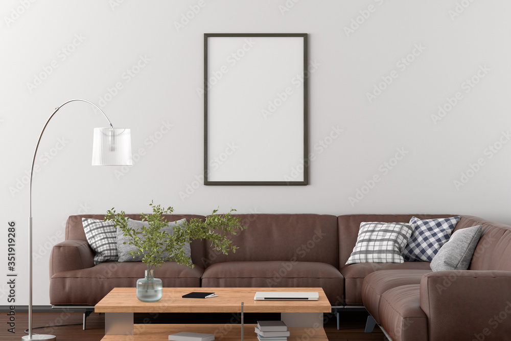 Blank vertical poster frame on white wall in interior of living room with clipping path around poster. 3d illustration Blank vertical poster frame on white wall in interior of living room with clipping path around poster. 3d illustration