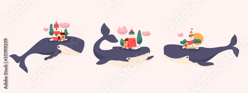 Fototapeta Naklejka Na Ścianę i Meble -  Set of cute cartoon whales with lighthouses. Trendy vector illustration.