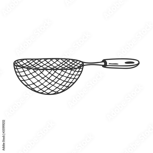 Sieve or colander. Kitchen tools, utensils for sifting flour. Decorative element for menu design, recipes, and food packaging. Hand-drawn and isolated on a white background.Black-white vector.