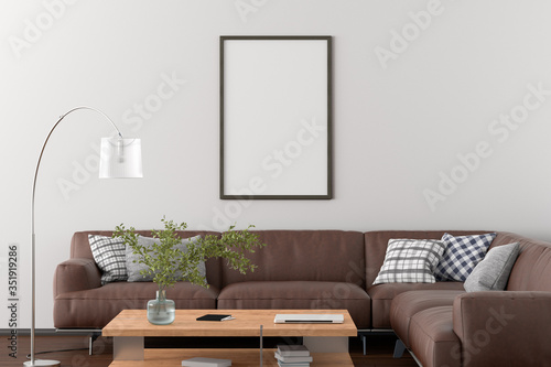 Blank vertical poster frame on white wall in interior of living room with clipping path around poster. 3d illustration