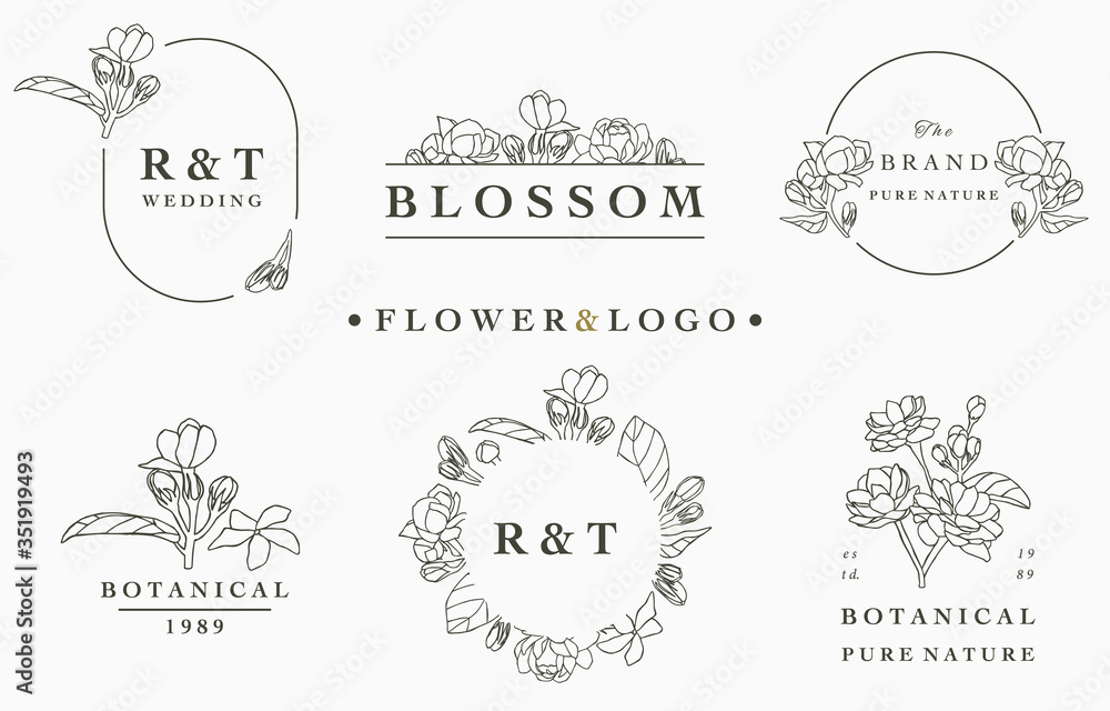 flower logo collection with leaves,geometric,circle frame.Vector illustration for icon,logo,sticker,printable and tattoo