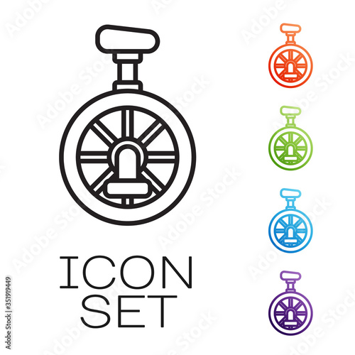 Black line Unicycle or one wheel bicycle icon isolated on white background. Monowheel bicycle. Set icons colorful. Vector