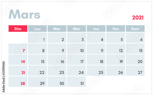 Calendrier de Mars 2021 (Mars 2021 calendar in french) vector illustration for prints, templates and banners.