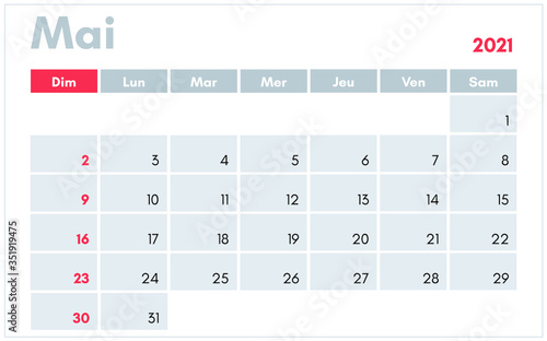 Calendrier de Mai 2021 (May 2021 calendar in french) vector illustration for prints, templates and banners.