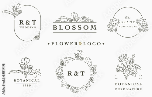 flower logo collection with leaves,geometric,circle frame.Vector illustration for icon,logo,sticker,printable and tattoo