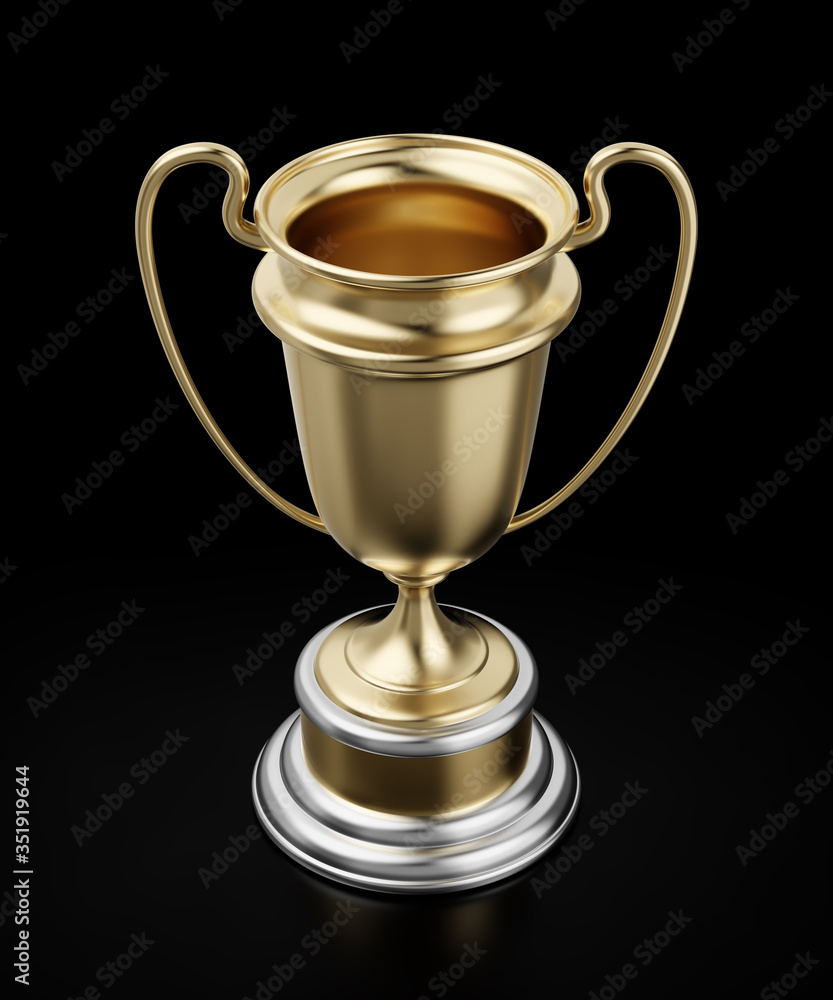 Award Cup. Golden sports prize standing on reflective black background. 3D rendering graphics on the theme of the Sports Games. Award Cup. Golden sports prize standing on reflective black background. 3D rendering graphics on the theme of the Sports Games.
