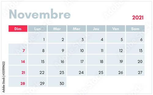 Calendrier de Novembre 2021 (Novembre 2021 calendar in french) vector illustration for prints, templates and banners.