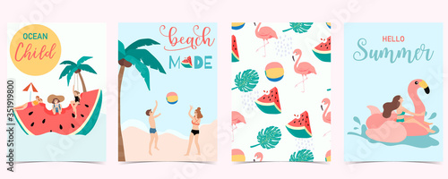 Collection of summer background set with people,watermelon,beach,coconut tree.Editable vector illustration for invitation,postcard and website banner.Hello summer