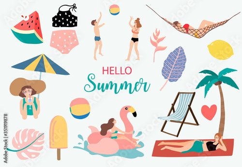 Summer object collection with watermelon lemon flamingo and ice cream.Vector illustration for icon logo sticker printable postcard and invitation