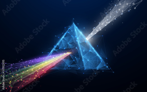 Prism light spectrum. 3d triangle shape from lines, triangles, particle, low poly and wireframe design. Vector illustration