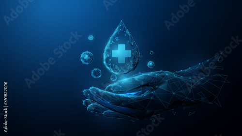 Washing hands with soap to prevent virus and bacteria. Hand washing icon from lines, triangles, particle, low poly and wireframe design. Vector illustration