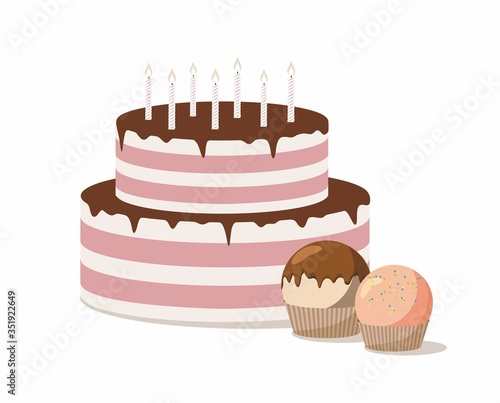 Cake with candles and sweet confection dessert. 